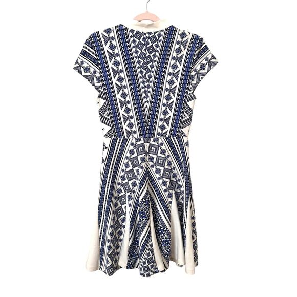 PENCEY Patterned V-Neck Skater Dress Blue Sz 2 - Picture 4 of 6